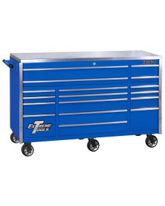 Extreme Tools EXQ Series 72"W x 30"D 17-Drawer Pro Triple Bank Roller Cabinet Blue w/ Chrome Quick Release Drawer Pulls