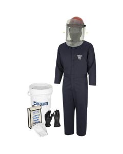OBREV-BKT-L-8 image(0) - Oberon Suit Kit - Arc Flash & Shock  - 8 Cal HRC2&trade; -  Electric Vehicle - TCG Arc Flash Face Shield w/Hard Cap, Balaclava, Coverall with Escape Strap, Safety Glasses, Earplugs, Storage Bucket, Class 0 Glove Kit - Size: Regula
