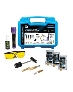 Tracer Mini-EZ&trade; POE-Based EV A/C Leak Detection Kit includes (3) 0.25 oz (7 ml) single-dose EV A/C dye cartridges, TPOPUV OPTI-PRO UV flashlight, R-134a coupler, R-1234yf adapter, GLO-AWAY&trade; Plus, glasses, and medium blue carrying case (CE, UKC