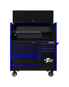 EXTDX5509HRKU image(0) - Extreme Tools DX Series 55in W x 25in D Extreme Power Workstation Hutch and 8-Drawer Roller Cabinet w Power Tool Drawer  Black w Blue Drawer Pulls