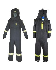 OBRTCG3B-ESL-S-HVSL image(0) - Oberon Suit Kit - Arc Flash - 25 Cal TCG&trade; - Comes with Hood, Coat, Bib Coveralls and  Fresh Air Arc Flash Hood Ventilation System & Light - With Escape Strap - With Leg Zippers - Color: Black - Size: Small