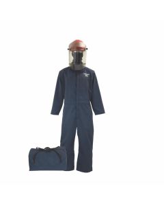 OBRTCG2P-CKE-NB-ES-M image(0) - Oberon Bag Kit - Arc Flash - 12 Cal TCG2P&trade; - Comes With Coveralls, Hard Cap, Face Shield, Balaclava & Storage Bucket - With Escape Strap - Color: Navy Blue - Size: Medium