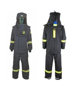 OBRTCG7B-ES-S-HVSL image(0) - Oberon Suit Kit - Arc Flash - 140 Cal TCG&trade; - Comes with Hood, Coat, Bib Coveralls and Fresh Air Arc Flash Hood Ventilation System & Light - With Escape Strap - Color: Black - Size: Small