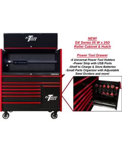 EXTDX5509HRKR image(0) - Extreme Tools DX Series 55in W x 25in D Extreme Power Workstation Hutch and 8-Drawer Roller Cabinet w Power Tool Drawer  Black w Red Drawer Pulls