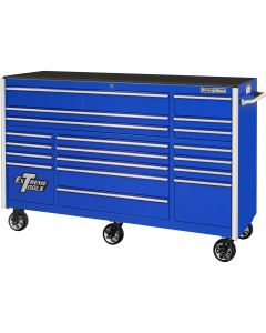 Extreme Tools RX Series 72in W x 25in D 19-Drawer Triple Bank Roller Cabinet  150 lb. Slides  Blue w Chrome Drawer Pulls