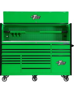 EXTRXQ8417HRGK image(0) - Extreme Tools RX Series 84in W x 30in D Extreme Power Workstation and 16-Drawer Roller Cabinet w Power Tool Drawer Combo  Green with Black Trim