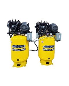 Emax Compressor Two 10HP 1ph 120 Gallon Vertical Solo Mounted Alternating Silent Air compressors-w/Pressure Lubricated pumps