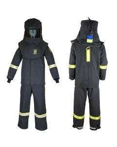 OBRTCG4B-ES-S-HVSL image(0) - Oberon Suit Kit - Arc Flash - 40 Cal TCG&trade; - Comes with Hood, Coat, Bib Coveralls and Fresh Air Arc Flash Hood Ventilation System & Light  - With Escape Strap - Color: Black - Size: Small