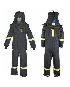 OBRTCG75B-ESL-M-HVSL image(0) - Oberon Suit Kit - Arc Flash - 75 Cal TCG&trade; - Comes with Hood, Coat, Bib Coveralls and Fresh Air Arc Flash Hood Ventilation System & Light - With Escape Strap - With Leg Zippers - Color: Black - Size: Medium