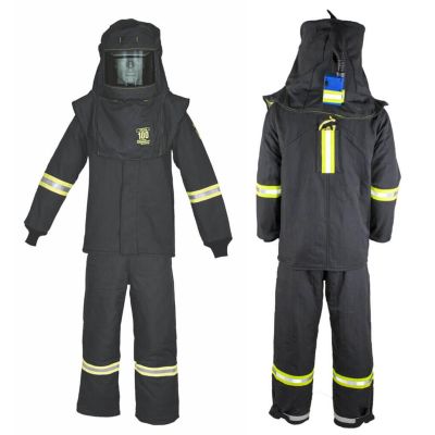 OBRTCG6B-ESL-M-HVSL image(0) - Oberon Suit Kit - Arc Flash - 100 Cal TCG™ - Comes with Hood, Coat, Bib Coveralls and Fresh Air Arc Flash Hood Ventilation System & Light - With Escape Strap - With Leg Zippers - Color: Black - Size: Medium