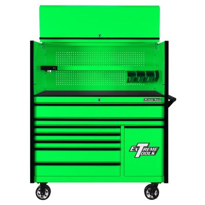 EXTDX5509HRGK image(0) - Extreme Tools DX Series 55in W x 25in D Extreme Power Workstation Hutch and 8-Drawer Roller Cabinet w Power Tool Drawer Green w Black Drawer Pulls