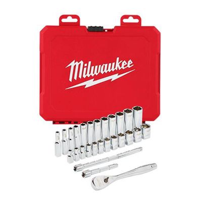MLW48-22-9504-X image(0) - Milwaukee Tool 1/4" Drive 28pc Ratchet & Socket Set - Metric