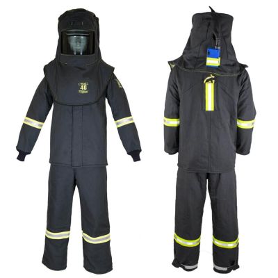 OBRTCG4B-ES-4XL-HVSL image(0) - Oberon Suit Kit - Arc Flash - 40 Cal TCG™ - Comes with Hood, Coat, Bib Coveralls and Fresh Air Arc Flash Hood Ventilation System & Light - With Escape Strap - Color: Black - Size: 4XL