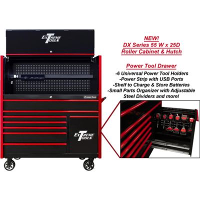 EXTDX5509HRKR image(0) - Extreme Tools DX Series 55in W x 25in D Extreme Power Workstation Hutch and 8-Drawer Roller Cabinet w Power Tool Drawer Black w Red Drawer Pulls