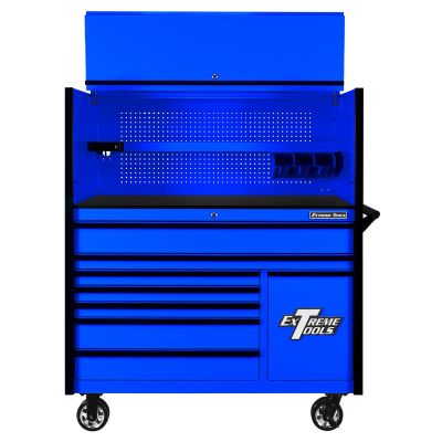 EXTDX5509HRUK image(0) - Extreme Tools DX Series 55in W x 25in D Extreme Power Workstation Hutch and 8-Drawer Roller Cabinet w Power Tool Drawer  Blue w Black Drawer Pulls