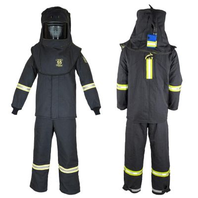 OBRTCG55B-ESL-M-HVSL image(0) - Oberon Suit Kit - Arc Flash - 55 Cal TCG™ - Comes with Hood, Coat, Bib Coveralls and Fresh Air Arc Flash Hood Ventilation System & Light - With Escape Strap - With Leg Zippers - Color: Black - Size: Medium