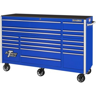 EXTRX722519RCBLCR-X image(0) - Extreme Tools RX Series 72in W x 25in D 19-Drawer Triple Bank Roller Cabinet 150 lb. Slides Blue w Chrome Drawer Pulls