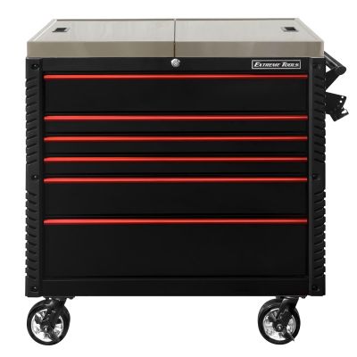 EXTEX4106TCSBKRD image(0) - Extreme Tools EX Series 41" 6 Drawer Stainless Steel Sliding Top Tool Cart with Bumpers Black with Red Drawer Pulls