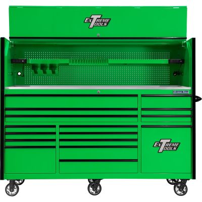 EXTRXQ8417HRGK image(0) - Extreme Tools RX Series 84in W x 30in D Extreme Power Workstation and 16-Drawer Roller Cabinet w Power Tool Drawer Combo Green with Black Trim