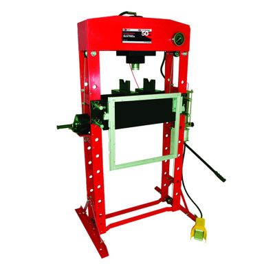 INT854ASD image(0) - American Forge & Foundry AFF - Shop Press - 50 Ton Capacity - Foot Operated Air Motor/Manual Pump W/ Hydraulic Ram - Built In Polycarbonate Press Guard - 10 pc Pin & Bearing Press Adapter Set Included - SUPER DUTY