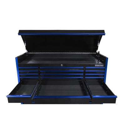 EXTEX7215CHQBKBL image(0) - Extreme Tools EXQ Series 72in W x 31in D 15-Drawerr Triple Bank Pro Top Chest Black with Blue QR Drawer Pulls