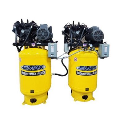 EMXESP10A120V1 image(0) - Emax Compressor Two 10HP 1ph 120 Gallon Vertical Solo Mounted Alternating Silent Air compressors-w/Pressure Lubricated pumps