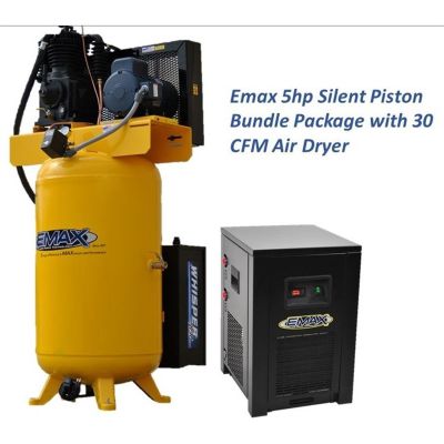EMXESP05V080I1PK image(0) - Emax Compressor Silent Industrial Plus 5 HP 1- Phase 2-Stage 80 Gal. Vertical Compressor with 30 CFM Dryer Bundle-With Pressure Lube Pump