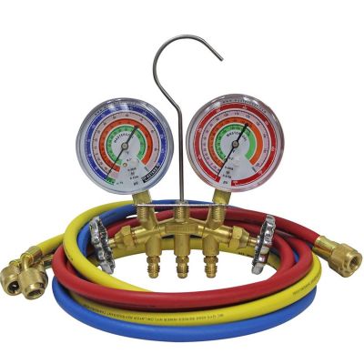 MSC59136 image(0) - Mastercool R410A, R22, R404A 2-Way Brass Manifold Gauge Set includes 3 ‐ 36? R410A hoses with standard 1/4? SAE fittings packaged in a clamshellBALL VALVE MANIFOLD R22