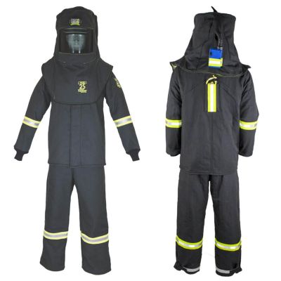 OBRTCG3B-ES-3XL-HVSL image(0) - Oberon Suit Kit - Arc Flash - 25 Cal TCG™ - Comes with Hood, Coat, Bib Coveralls and  Fresh Air Arc Flash Hood Ventilation System & Light - With Escape Strap - Color: Black - Size: 3XL