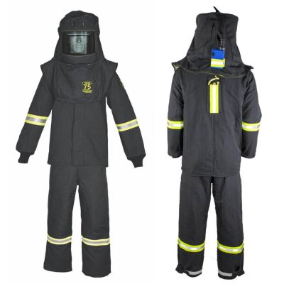 OBRTCG75B-E3-5XL-HVSL image(0) - Oberon Suit Kit - Arc Flash - 75 Cal TCG™ - Comes with Hood, Coat, Bib Coveralls and Fresh Air Arc Flash Hood Ventilation System & Light - With EZ Lift - With Escape Strap - Color: Black - Size: 5XL