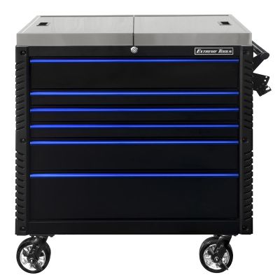 EXTEX4106TCSBKBL image(0) - Extreme Tools EX Series 41" 6 Drawer Stainless Steel Sliding Top Tool Cart with Bumpers Black with Blue Drawer Pulls